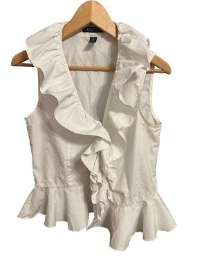 Lauren Ralph Lauren Ruffle Front Blouse Size 6 Minimalist Peplum Hem Boho Cotton